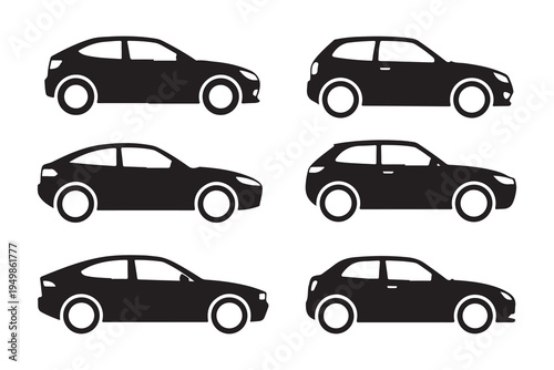 Set of side view black car silhouette icons representing different automotive body styles and modern designs