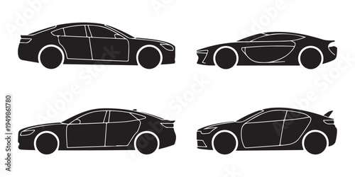 Modern luxury sedan and sport car silhouettes with detailed door outlines and aerodynamic profile concepts