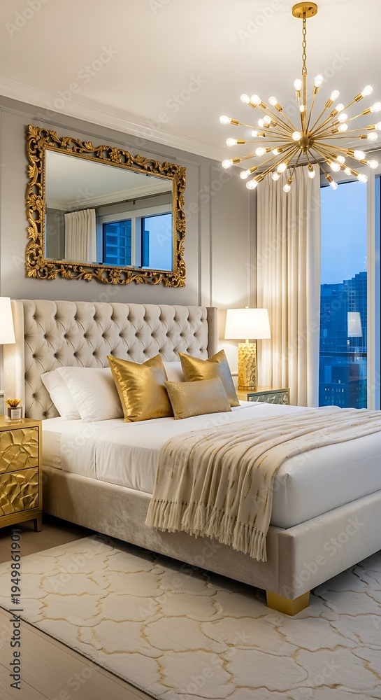 Fototapeta premium Luxurious Master Bedroom with Tufted Headboard and Modern Chandelier.
