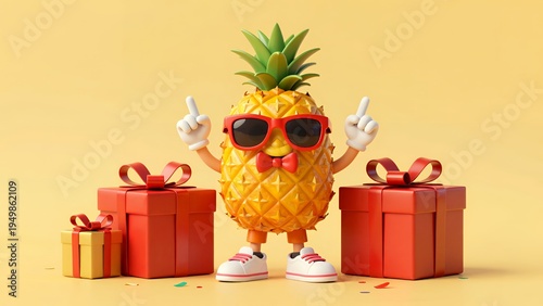 3D Rendering of a Cool Pineapple Character in Sunglasses Celebrating with Gifts