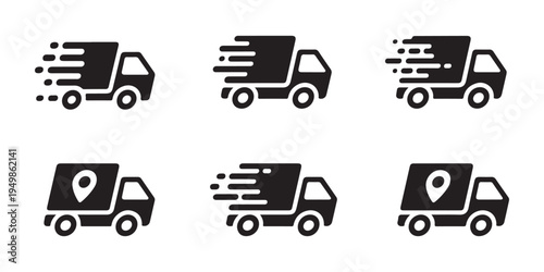 Delivery truck vector icons, fast shipping car symbol, express freight vehicle outline set for app interface