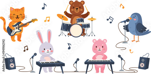 Cute Animal Music Band Collection with Cat Bear Rabbit Pig Bird Playing Guitar Drums Keyboard Singing Microphone Cartoon Vector Illustration Set