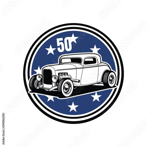 Vintage car emblem celebrating fifty years of automotive history and heritage