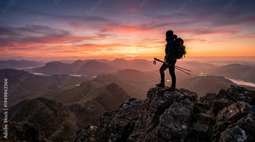 Fototapeta premium Silhouetted Mountaineer Standing on Summit at Sunset with Dramatic Sky