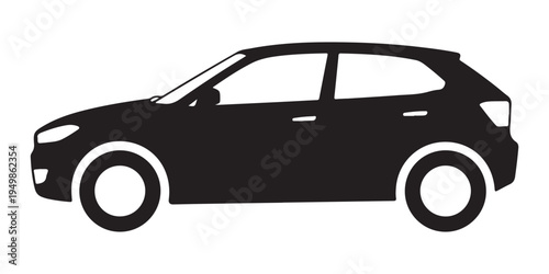 Dark silhouette of a contemporary crossover SUV parked on white background, side profile illustration