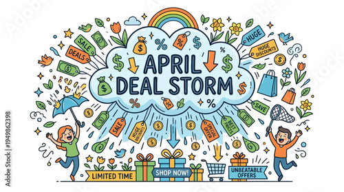 April Deal Storm Shopping Sale Banner with Customers