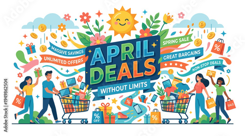 April Deals Promotion Banner with Shoppers and Discount Items