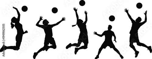 -basketball player jump silhouettes collection, athletes jumping catching ball poses, dynamic sport action isolated black basketball silhouettes set