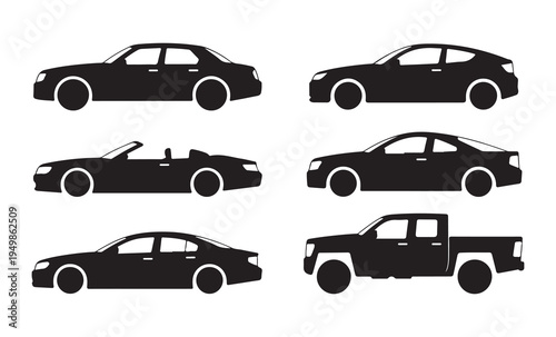 Group of car silhouettes from different styles including sedan coupe convertible and pickup truck