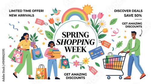Spring Shopping Week Announcement with People and Discounts