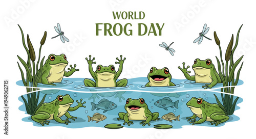 Illustration of frogs in a pond with fish and dragonflies for World Frog Day design or conservation awareness campaign with a natural and educational mood.