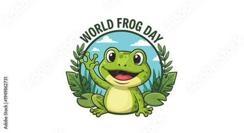 Vector illustration of a cheerful frog waving on World Frog Day with green leaves and a blue background, promoting amphibian conservation awareness.
