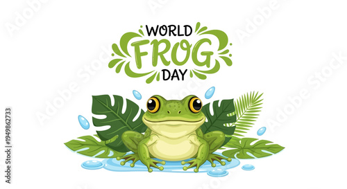Vector illustration of a green frog sitting on leaves and water drops with World Frog Day text in a natural design for amphibian conservation awareness.