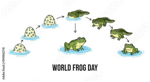 Vector illustration showing the life cycle of frogs on World Frog Day with a design concept for amphibian conservation awareness.