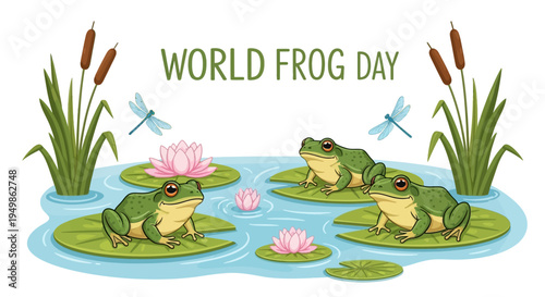 Vector illustration of three frogs on lily pads in a pond with flowers and dragonflies for World Frog Day, promoting amphibian conservation awareness.