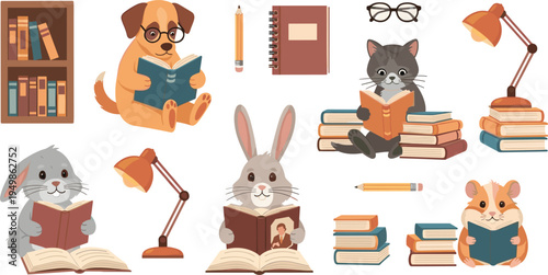 Cute Animal Reading and Study Collection with Dog Cat Rabbit Hamster Books Library Learning Education Cartoon Vector Illustration Set