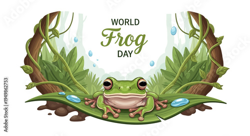 Illustration of a green frog sitting on a lily pad surrounded by leaves and water droplets with World Frog Day text in a natural setting.