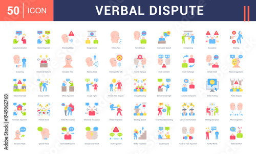 Verbal Dispute Icon Set. angry conversation, heated argument, shouting match, disagreement, yelling face and more. Flat vector icons collection.