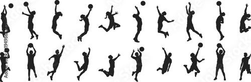 basketball player jumping silhouettes collection, men and women athletes shooting catching ball poses isolated black sport silhouettes set
