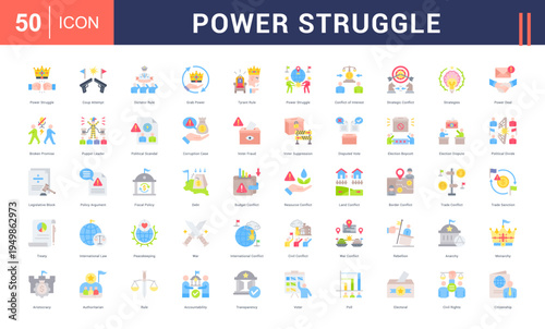Power Struggle Icon Set. power struggle, coup attempt, dictator rule, grab power, tyrant rule and more. Flat vector icons collection.
