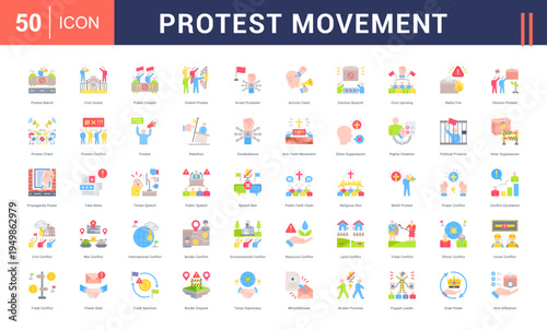 Protest Movement Icon Set. protest march, civil unrest, public dissent, violent protest, arrest protester and more. Flat vector icons collection.