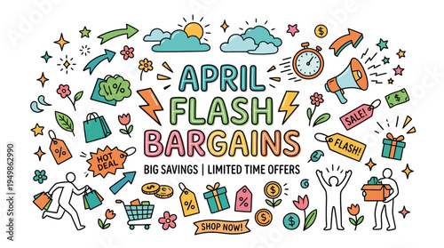 Colorful April Flash Bargain Announcement on White