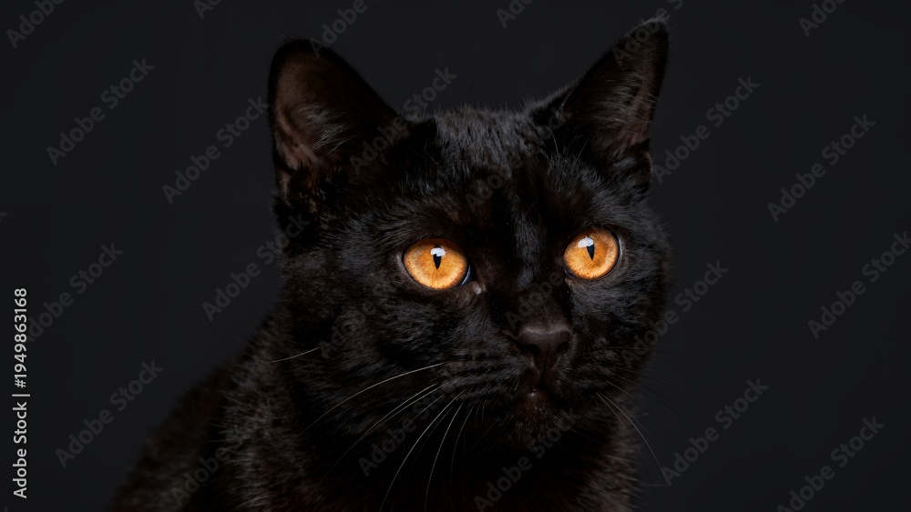 Fototapeta premium Close-up of Black Cat with Glowing Orange Eyes Against Dark Background