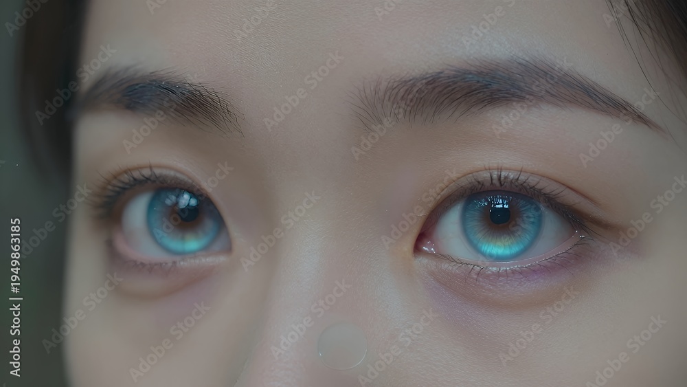Fototapeta premium Close-up of a Young Woman with Striking Blue Eyes, Detailed Facial Features, High-Resolution Portrait