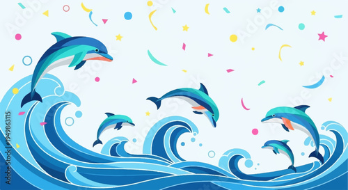 Four playful dolphins jumping out of ocean waves with colorful confetti and stars