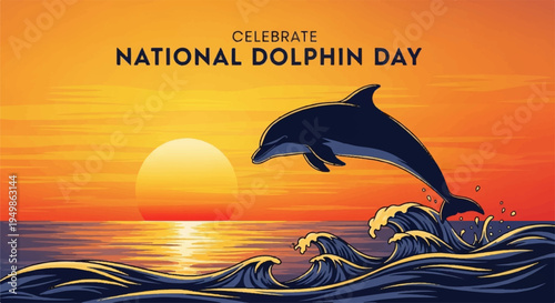 Dolphin jumping out of ocean waves at sunset celebrate national dolphin day with a happy dolphin