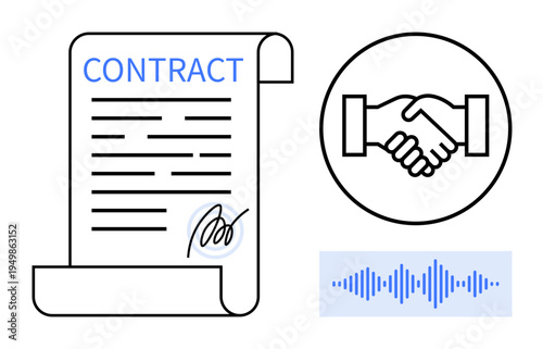 Contract agreement. Legal document with signature for official binding, handshake partnership, and a voice recording for verbal agreements. For legal, business contracts, partnership deals, client