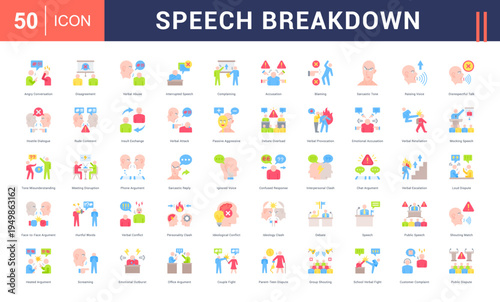 Speech Breakdown Icon Set. angry conversation, disagreement, verbal abuse, interrupted speech, complaining and more. Flat vector icons collection.