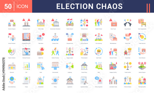 Election Chaos Icon Set. election dispute, campaign clash, civil unrest, government shutdown, public dissent and more. Flat vector icons collection.