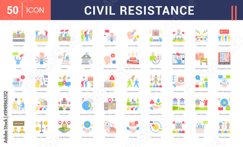 Civil Resistance Icon Set. protest march, civil unrest, public dissent, violent protest, arrest protester and more. Flat vector icons collection.