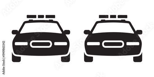 Front view police car icon black silhouette police vehicle with lights on white background clean modern design