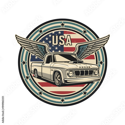 Vintage american car emblem with patriotic wings and flag design
