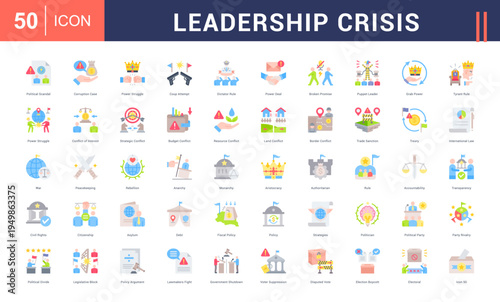 Leadership Crisis Icon Set. political scandal, corruption case, power struggle, coup attempt, dictator rule and more. Flat vector icons collection.