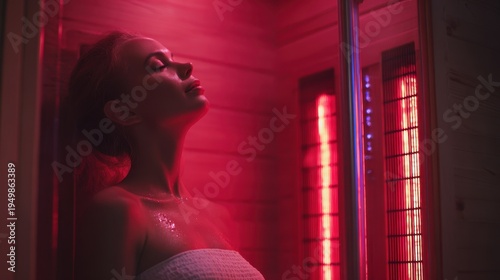 Young caucasian female relaxing in red-lit sauna cabin