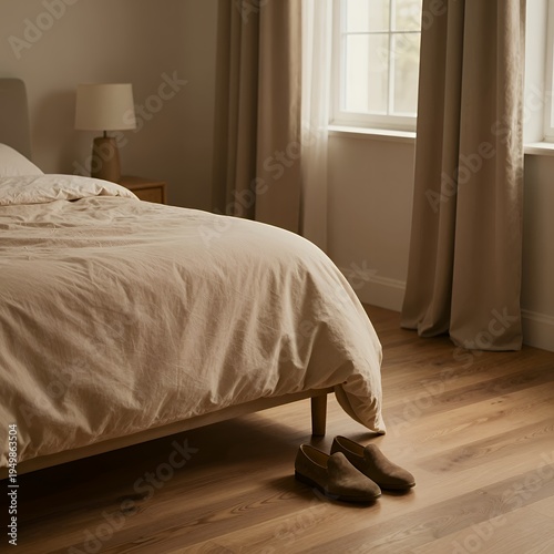 Cozy Bedroom Interior with Natural Light, Wooden Floor, and Pair of Slippers