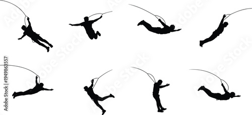 bungee jumping silhouettes collection, extreme sport jumping action poses, adventure rope jump isolated black adrenaline sport silhouettes set