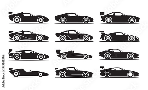 Collection of modern sports cars with aerodynamic designs and sleek silhouettes in a flat vector art style