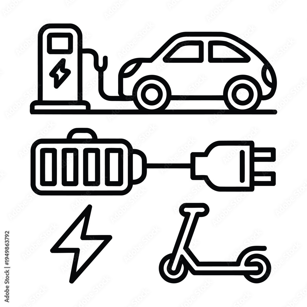 Naklejka premium Electric vehicle icon connected to a charging station, symbolizing sustainable energy and modern transportation solutions for a greener future.