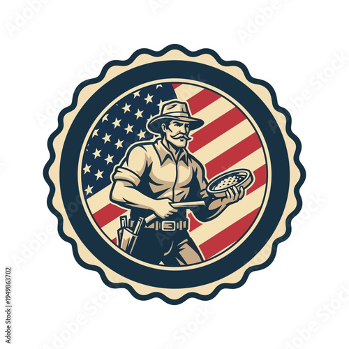 Vintage illustration of a park ranger holding a frisbee in front of an american flag