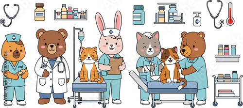 Cute Animal Veterinary Team Collection with Bear Rabbit Cat Dog Doctors Medical Equipment and Pet Clinic Cartoon Vector Illustration Set