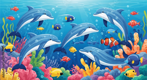 Dolphins swim with tropical fish coral reef sea creatures ocean underwater scene
