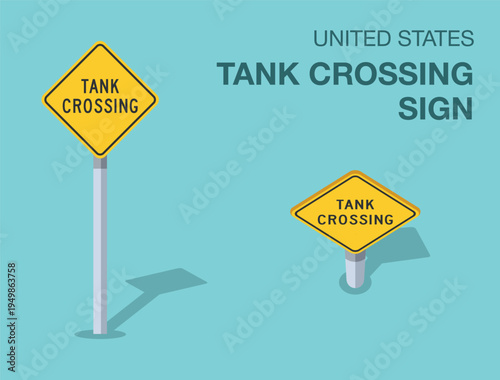 Traffic regulation rules. Isolated United States "tank crossing" road sign. Front and top view. Flat vector illustration template.