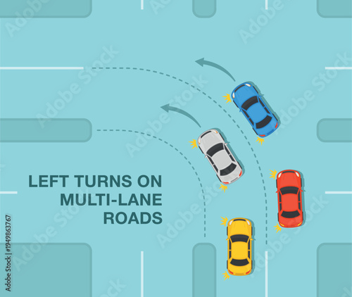 Safe driving tips and traffic regulation rules. Left turns on multi-lane roads. Top view of a traffic flow on intersection. Correct smooth turn. Flat vector illustration template.