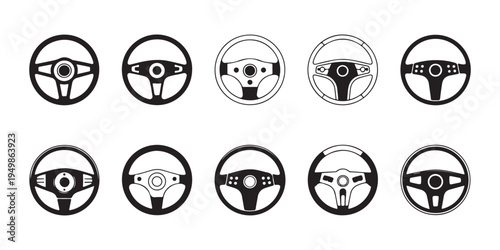 Set of ten unique steering wheel designs for cars and vehicles in a clean vector style
