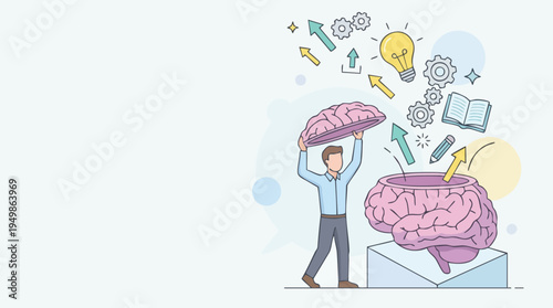Businessman lifting a Brain-shaped lid representing Innovation and Creativity in the Workplace