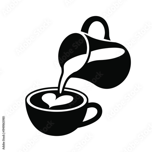 Sophisticated black icon capturing the artful moment of milk being poured for latte art, forming a heart shape in a coffee cup, perfect for cafe branding.